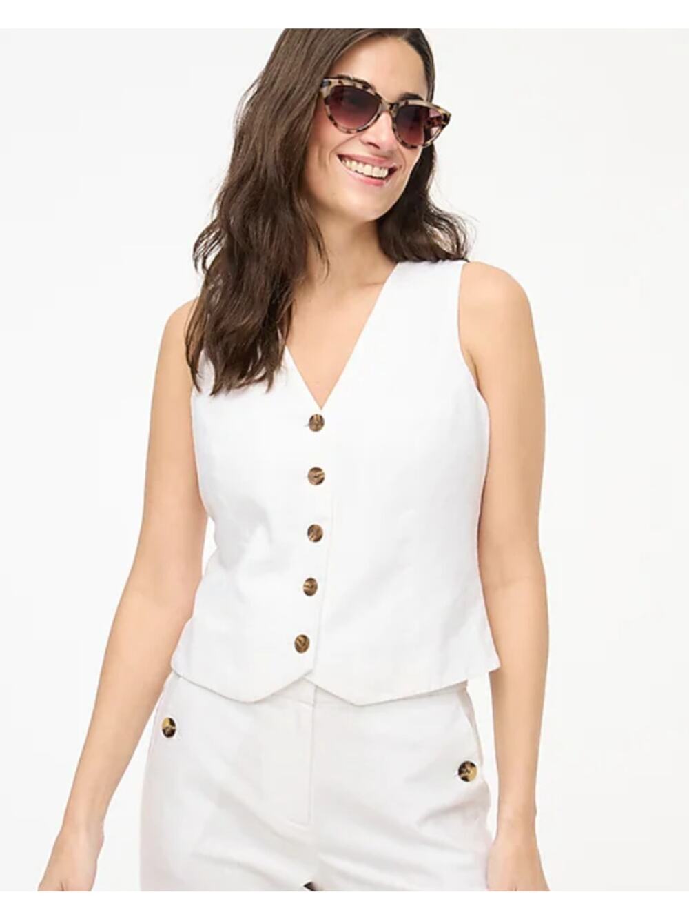 J.Crew Button Front Linen Blend Vest 6 White Sleeveless V-Neck Breathable Lined